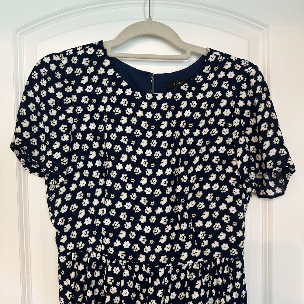 J. Crew Dress 4 Navy Blue Blurred Floral Teired Short Sleeve Mini A1380 - Picture 4 of 15